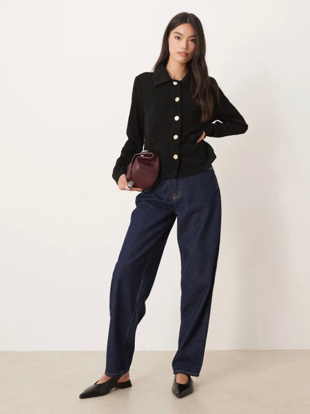 Vila Collared Polo Gold Button Detail Cardigan In Black