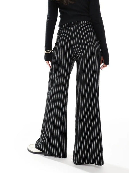 Only Wide Leg Textured Trousers In Black Pinstripe
