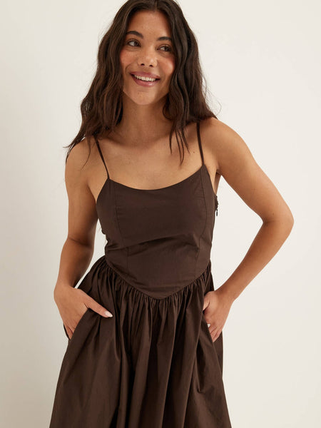 Only Corset Open Tie Back Long Maxi Dress In Chocolate Brown