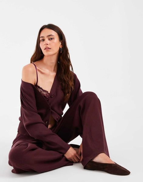 Only Vneck Knitted Cardigan & Wide Leg Trouser Co-ord Set In Wine - Items Sold Separately