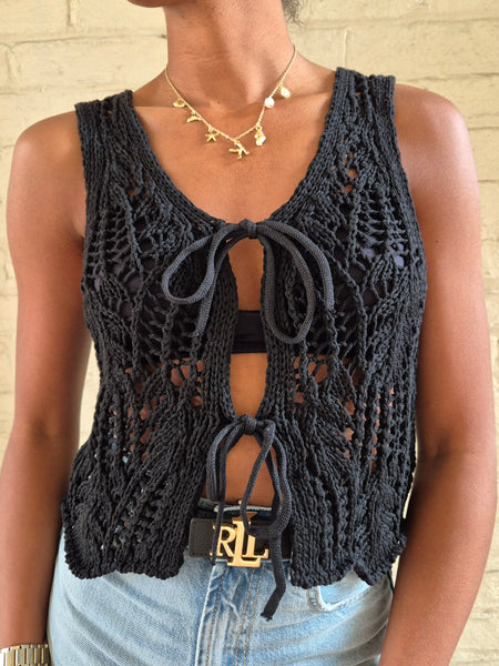 Only Crochet Tie Front Knit Waistcoat In Black