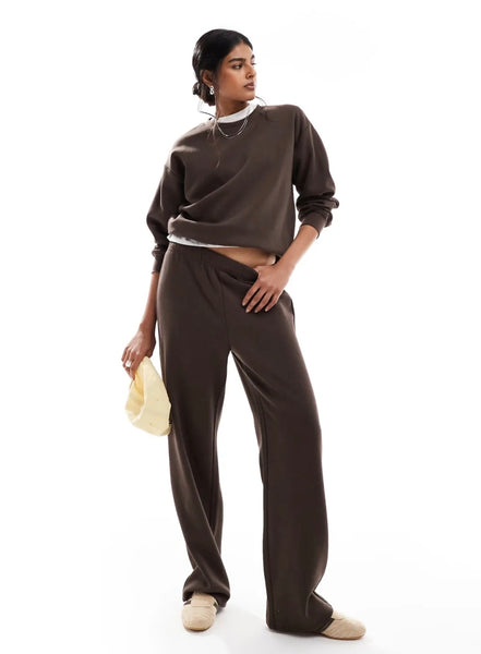 Pieces High Waist Straight Leg Sweatpants In Chocolate Brown