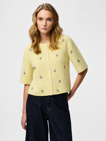 Pieces Embroidered Knit Short Sleeve Cardigan In Lemon