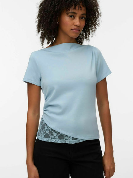 VM Boatneck Short Sleeve Ruched Lace Trim Top In Blue