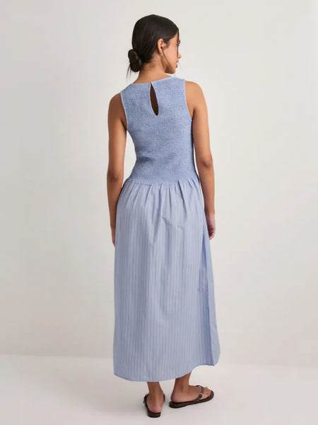 VM Shirred Bodice Midi Dress In Blue Pinstripe
