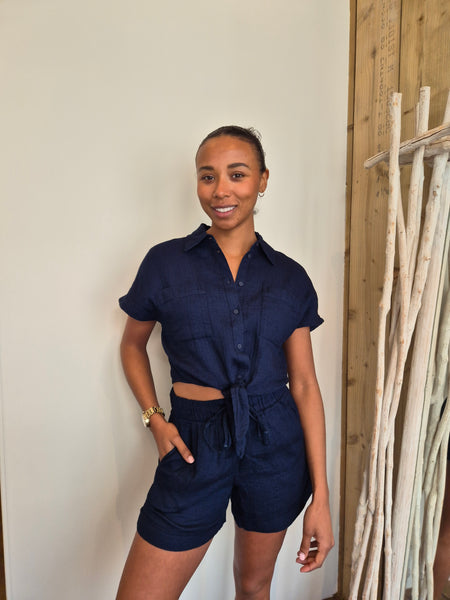 Only Short Sleeve Tie Front Shirt & Short Co-ord Set In Navy - Items Sold Separately