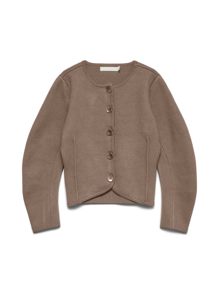 VM Premium Structured Round Neck Knit Cardigan In Camel