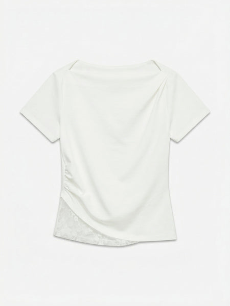 VM Boatneck Short Sleeve Ruched Lace Trim Top In White
