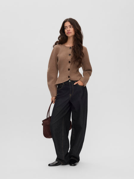 VM Premium Structured Round Neck Knit Cardigan In Camel