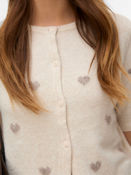 VM Short Sleeve Heart Knit Cardigan In Cream