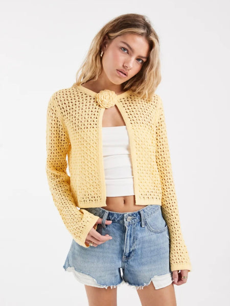VM Crochet Knit Floral Corsage Cardigan In Yellow