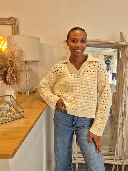 Pieces Long Sleeve Collared Crochet Knit Jumper