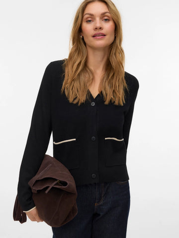 VM Knitted V Neck Cardigan Co-ord with Cream Contrast Piping in Black - Part of a Co-ord Set
