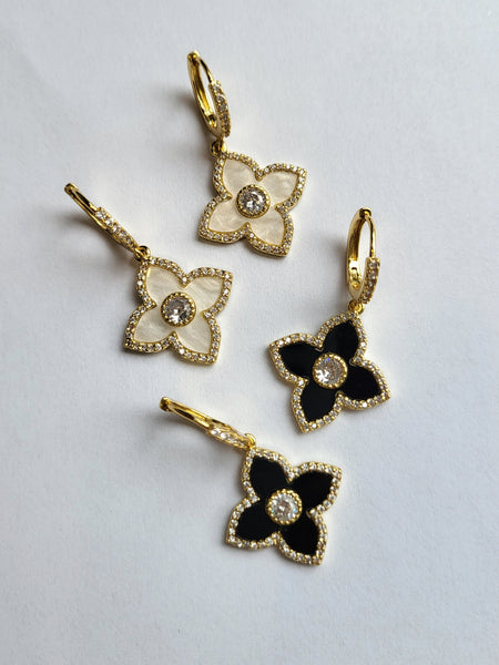 Gold Diamante Fleur Drop Hoop Earrings - Two Colourways