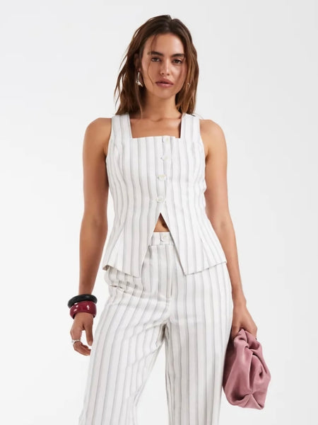 VM Square Neck Asymmetric Waistcoat In Grey Stripe