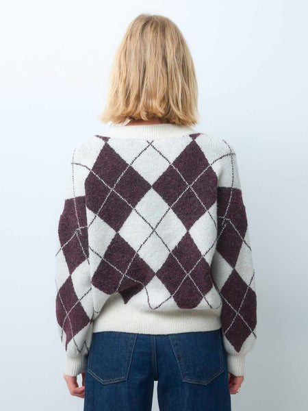 VM Oversized Argyle Knitted Jumper In Burgundy & Cream
