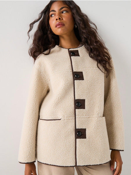 Pieces Reversible Teddy Brown PU Coat