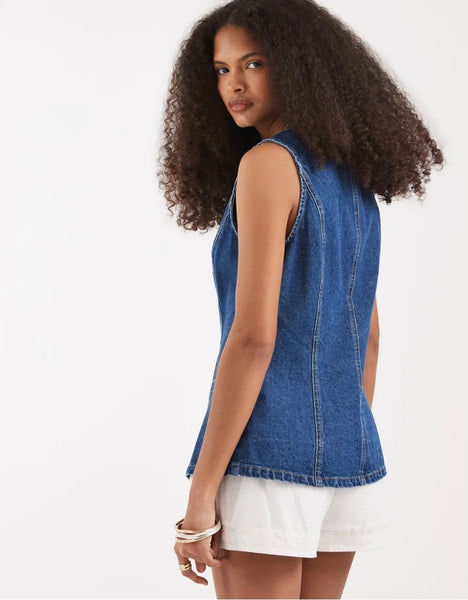 VM Longline Denim Waistcoat In Mid Blue