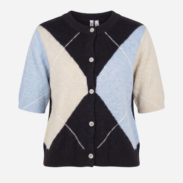 Pieces Argyle Short Sleeve Knit Cardigan In Blue