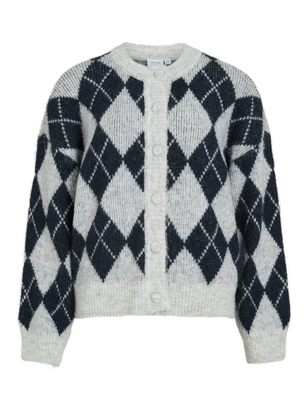 Vila Argyle Knit Cardigan In Grey & Navy