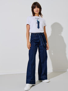 Only Tie Waist Seam Front Wide Leg Jeans In Dark Blue