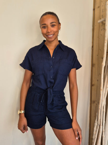 Only Short Sleeve Tie Front Shirt & Short Co-ord Set In Navy - Items Sold Separately