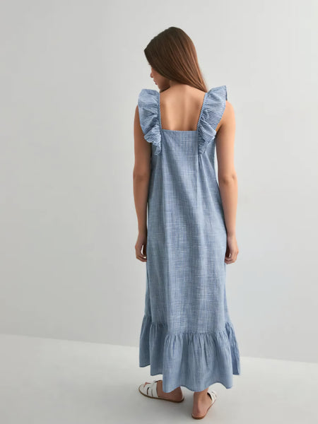 Pieces Ruffle Strap Tiered Cami Maxi Dress In Blue Stripe