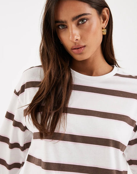 Pieces Long Sleeve Oversized Rugby Tshirt In Chocolate Brown Stripe