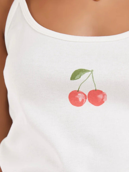 VM Cherry Print Jersey Cami Vest Top In White