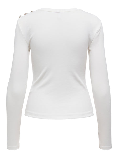 Only Rhinestone Long Sleeve Ribbed Top In White