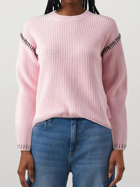 Pieces Pink Contrast Stitch Knit Jumper