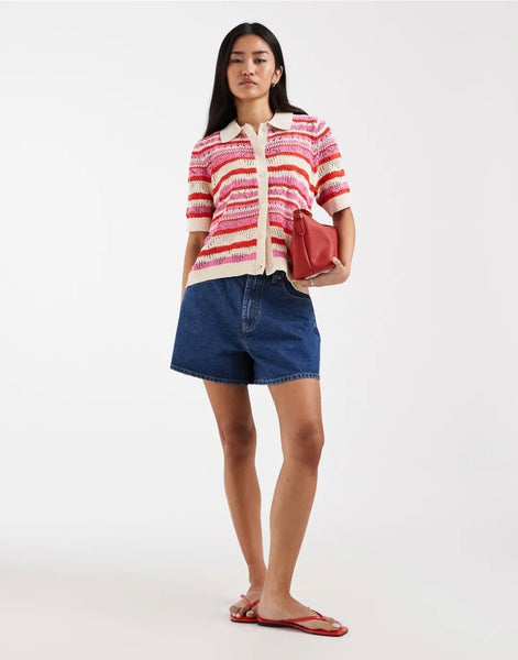 Only Short Sleeve Crochet Polo Knit Top In Pink