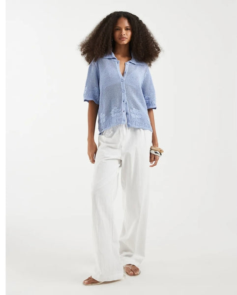 VM Short Sleeve Floral Polo Knit Button Front Top In Blue