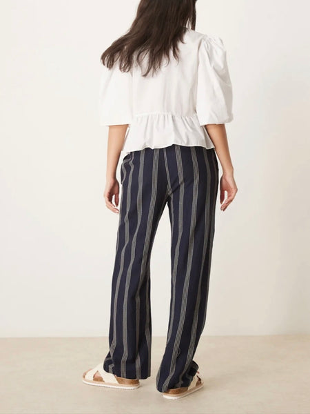 Vila Navy Rope Stripe Elasticated Tie Waist Wide Leg Trousers