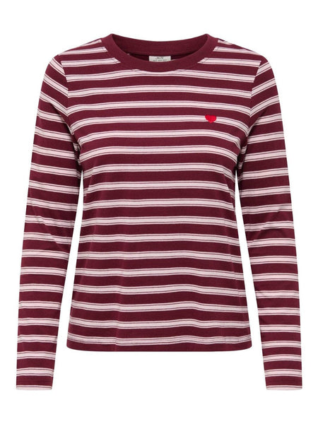 JDY Long Sleeve Heart Tshirt In Wine Stripe