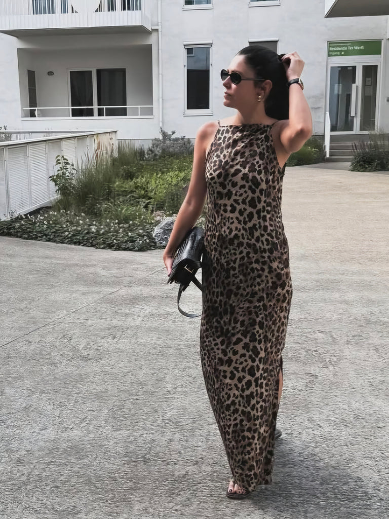 sleeveless leopard print maxi dress Zivah Women's Leopard Print Sleeveless Mesh Maxi Dress