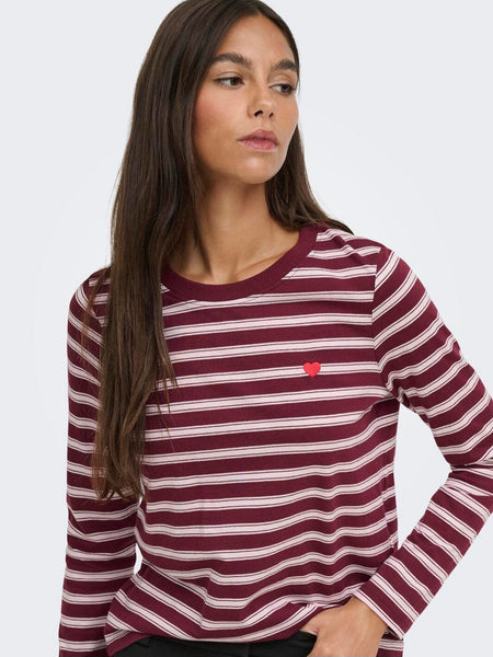 JDY Long Sleeve Heart Tshirt In Wine Stripe