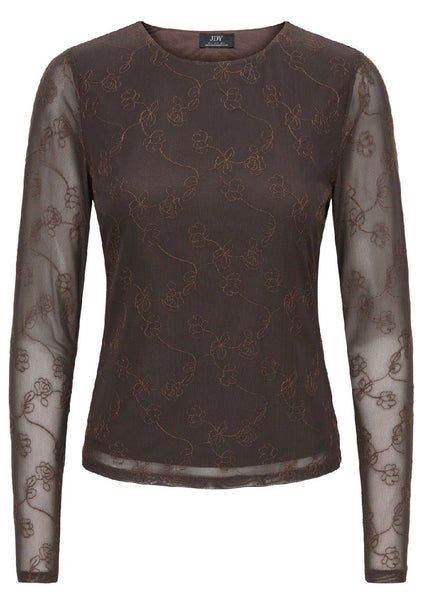 JDY Embroidered Long Sleeve Round Neck Top In Brown