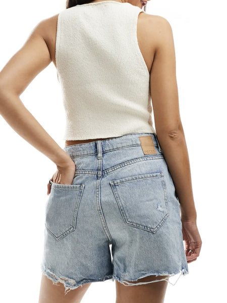 Pieces High Waist Frayed Hem Denim Shorts