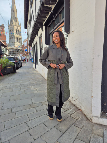Vila Quilted Trench Coat In Khaki Green