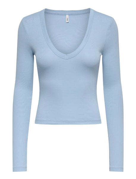 Only Vneck Long Sleeve Basic Top In Blue