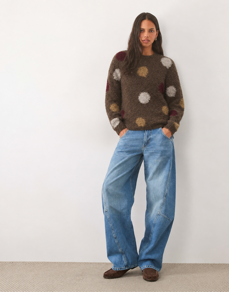 JDY Round Neck Spotty Long Sleeve Knit Jumper In Brown