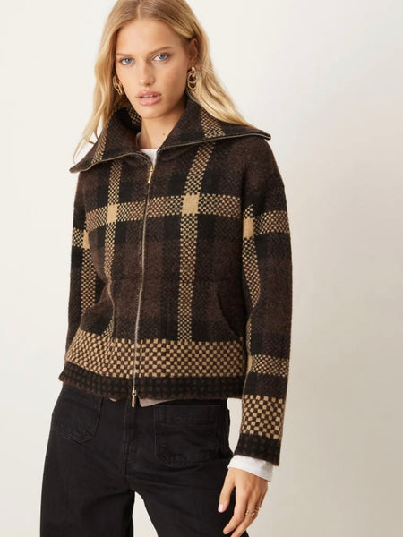 JDY Open Collar Zip Cardigan In Brown Check
