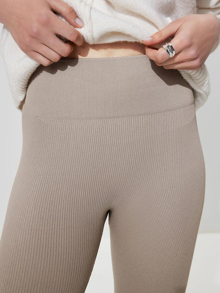 High Waist Seamless Ribbed Leggings In Beige