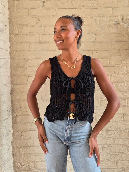 Only Crochet Tie Front Knit Waistcoat In Black