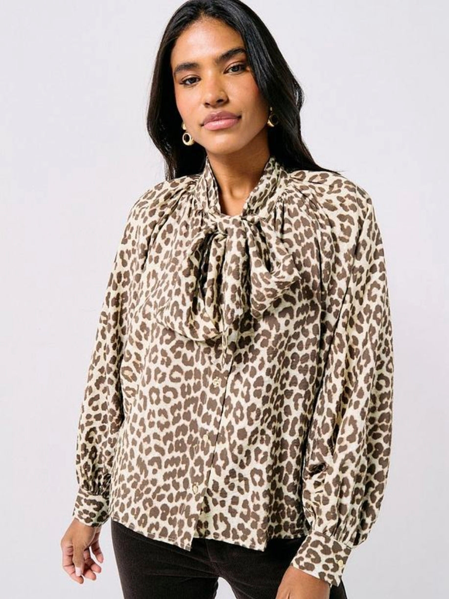 JDY Tie Neck Leopard Print Shirt
