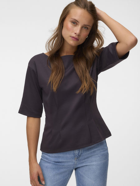 VM Boatneck Cinch Waist Short Sleeve Top In Chocolate Brown