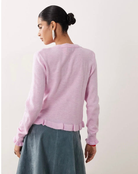 JDY Ruffle Hem Knitted Cardigan In Pink