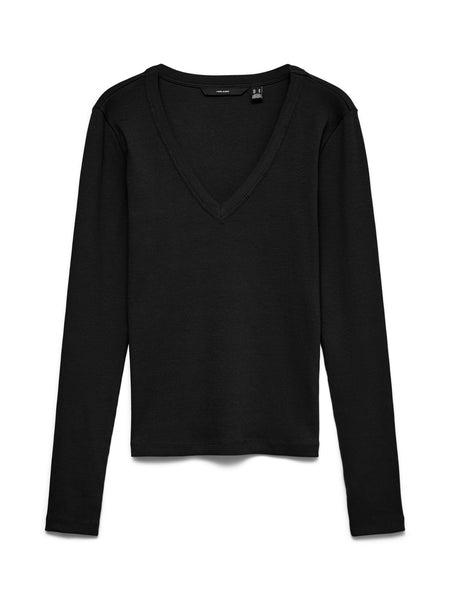 VM Ribbed Long Sleeve V-Neck Top In Black