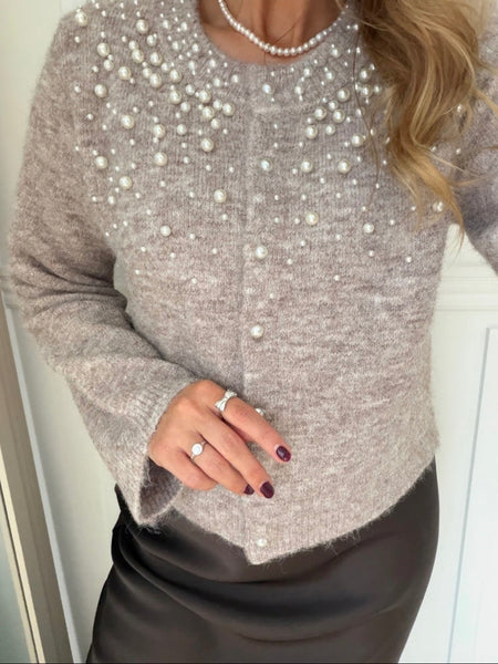 Only Long Sleeve Round Neck Pearl Embellished Cardigan
